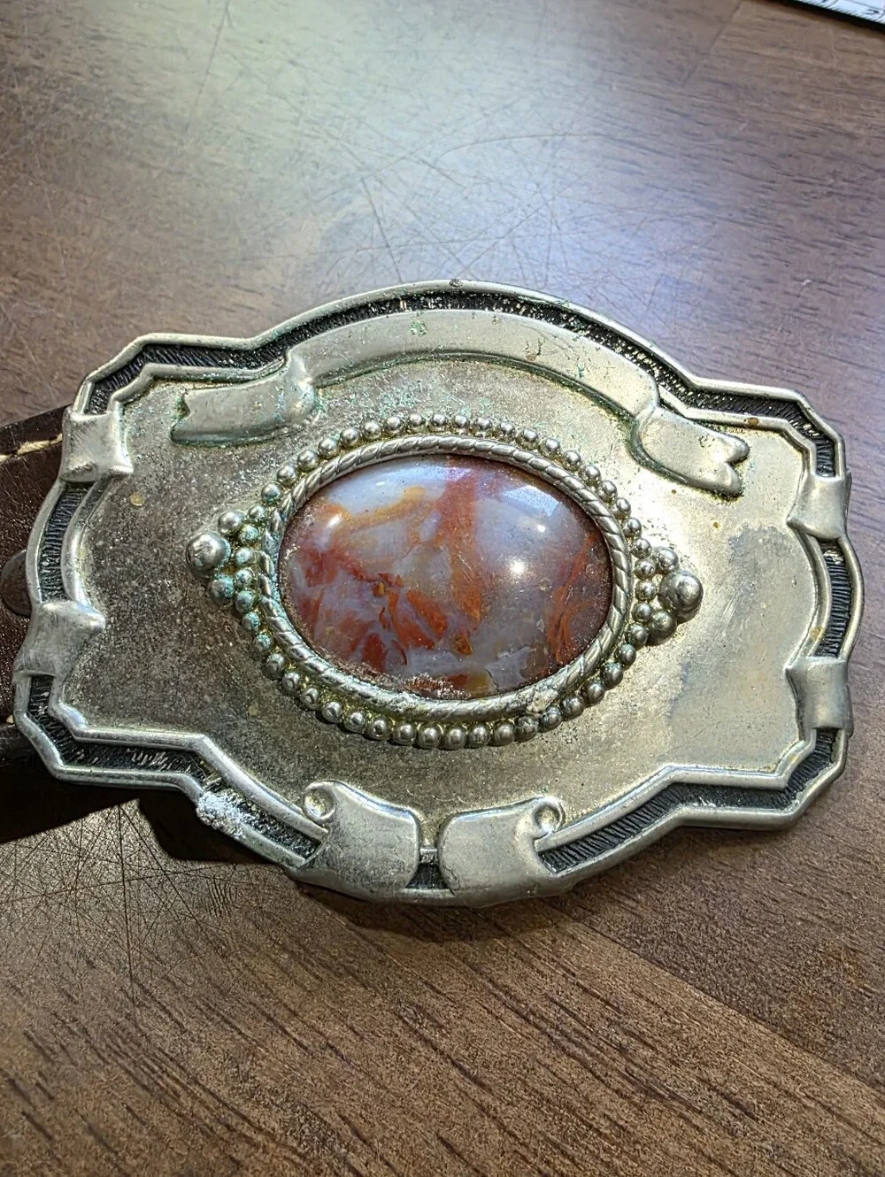 Vintage Nocona Hand Tooled Leather Western Belt Size 38 Buckstitch Agate Buckle